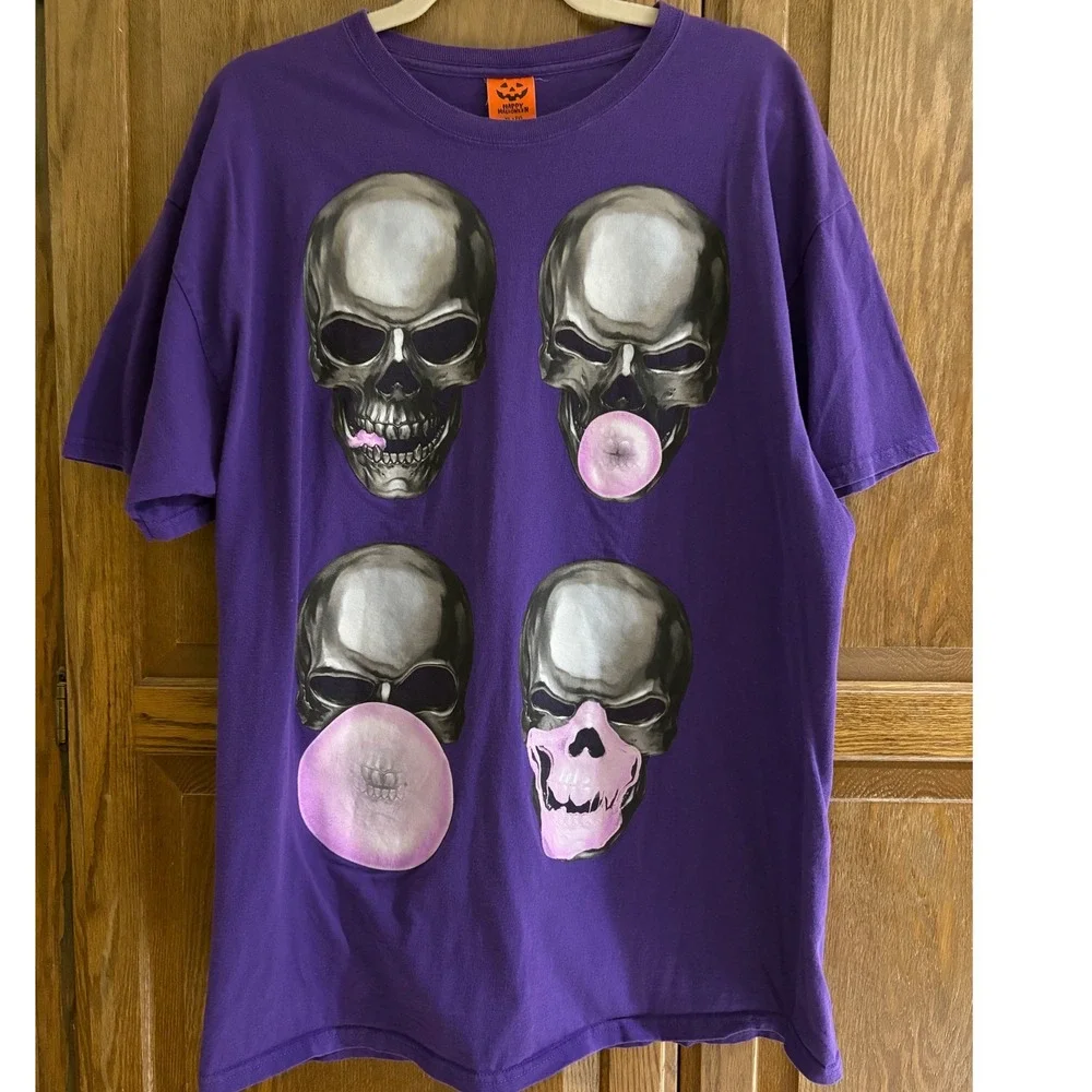 Unique Adult Unisex Happy Halloween Graphic‎ T-Shirt Skull Bubble Gum Purple XL